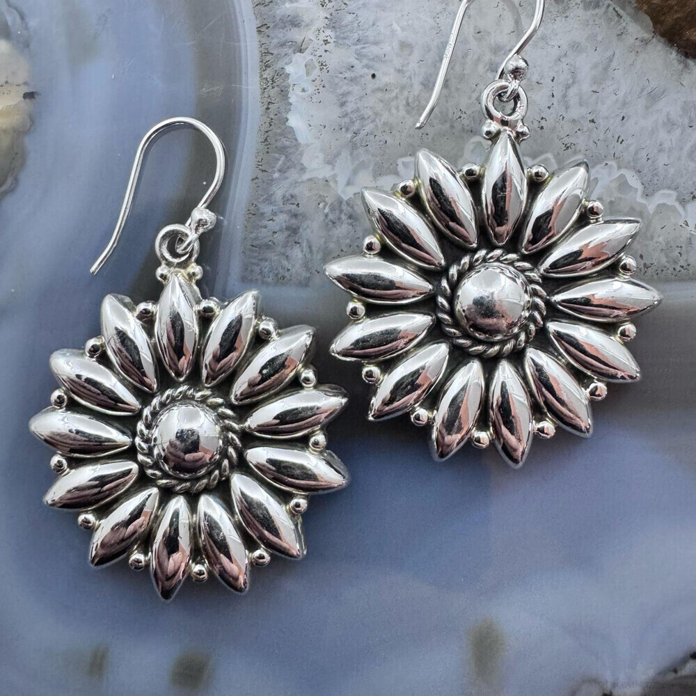 Sterling Southwestern Style Decorated Flower Silver Dangle Earrings For Women